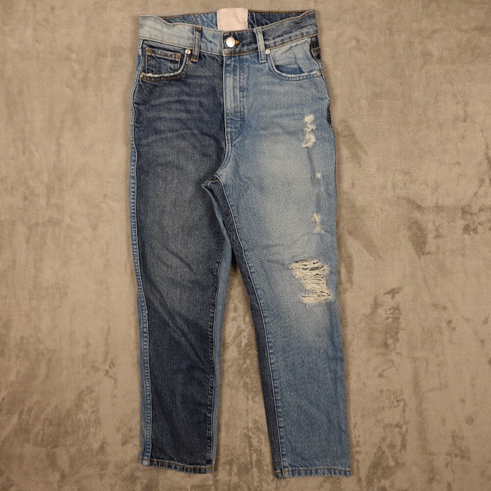 Revice jeans high rise straight crop women's 27 blue two tone denim patchwork